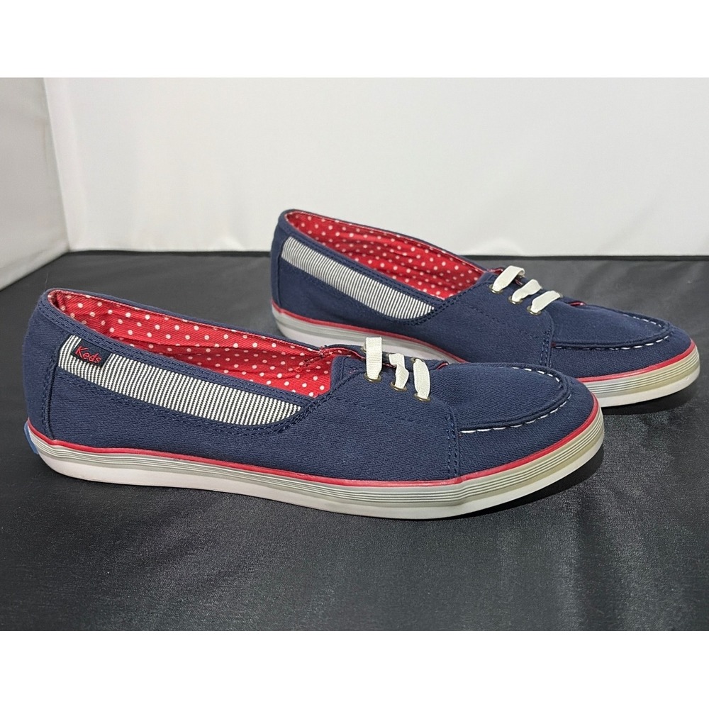 Keds Navy Blue Canvas Boat Shoes Polka Dot Lining WF47799 Womens 7.5